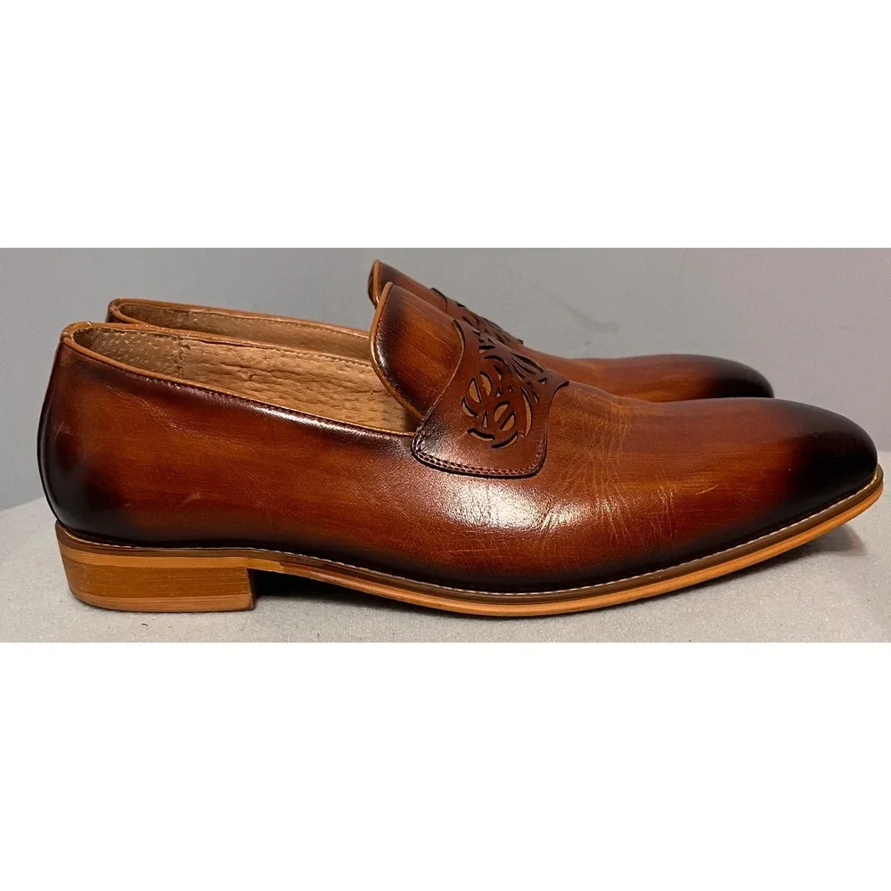 Steven Land Mens Burnished Tan Leather Laser Cut Filigree Loafers Sz 9.5 M Brown